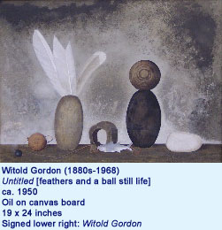 Witold Gordon (1880s-1968) Untitled [feathers and a ball still life]. ca. 1950. oil on canvas board. 19 x 24 inches. Signed lower right: Witold Gordon.